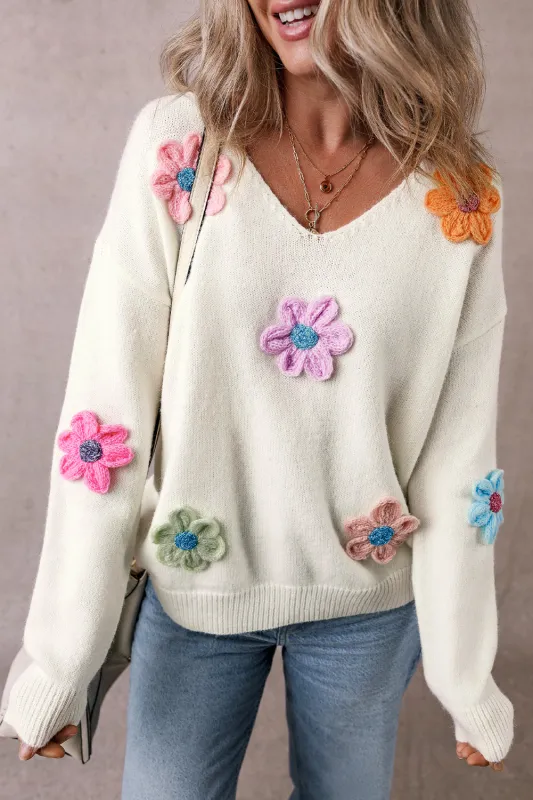 White Crochet Flower V Neck Sweater sold by Beagle Boutique