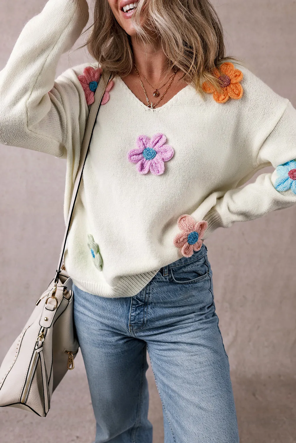 White Crochet Flower V Neck Sweater sold by Beagle Boutique product image thumbnail 3