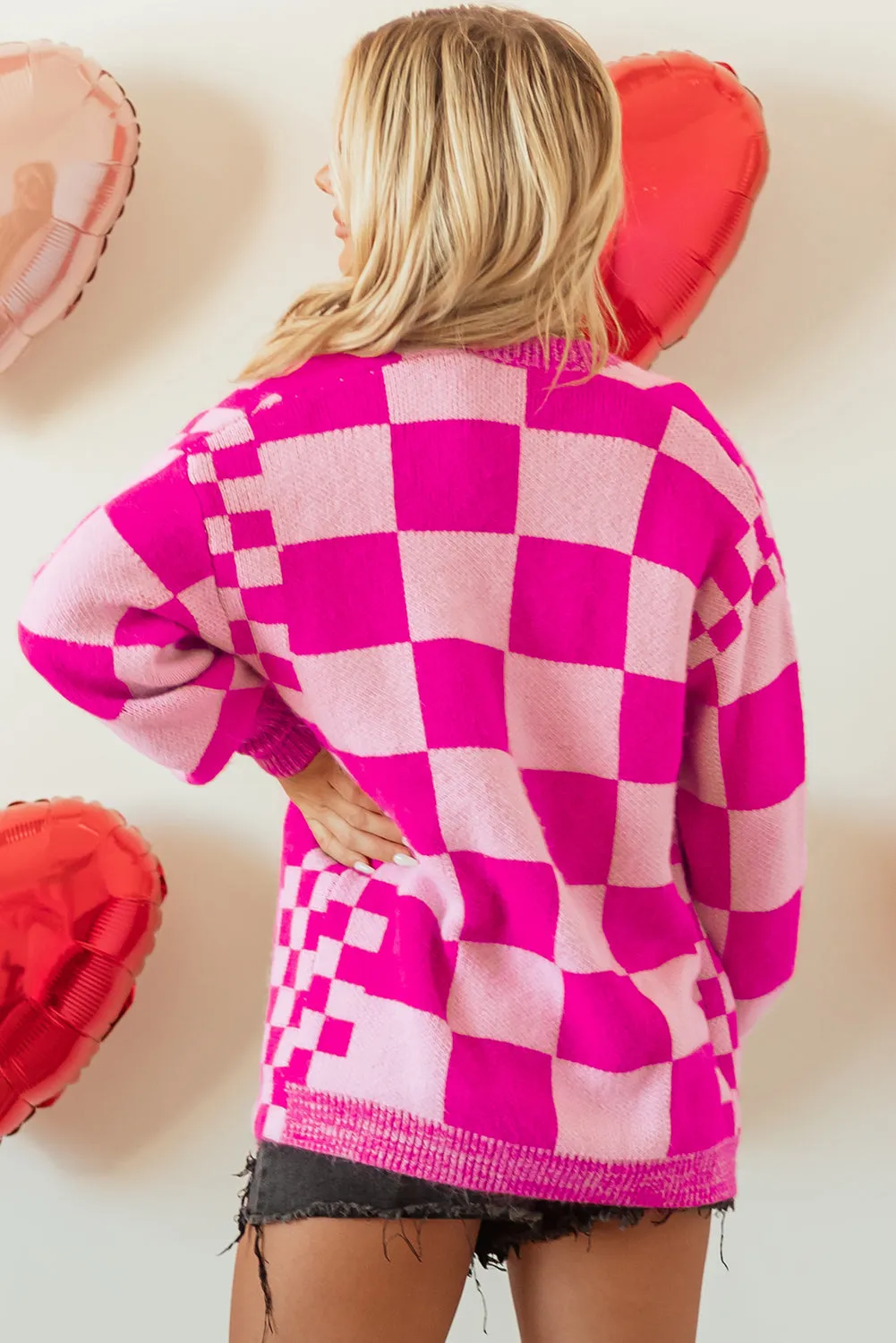 Rose Red Checkered Printed Ribbed Trim Open Front Cardigan sold by Beagle Boutique product image thumbnail 2