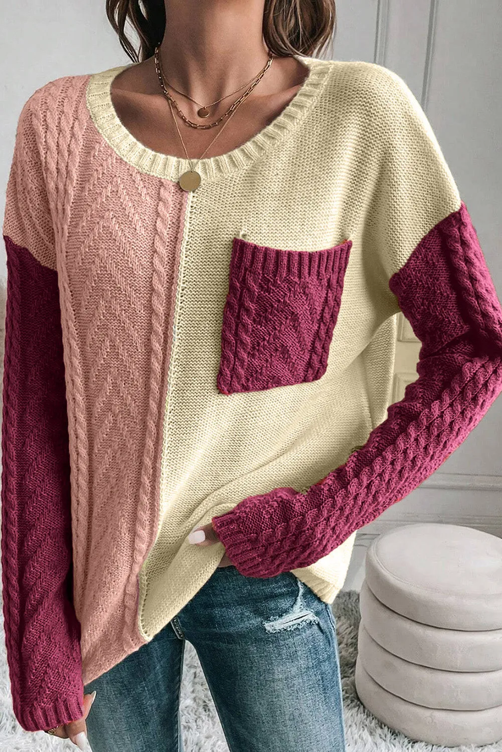 Rose Tan Colourblock Patched Pocket Drop Shoulder Sweater sold by Beagle Boutique product image thumbnail 4