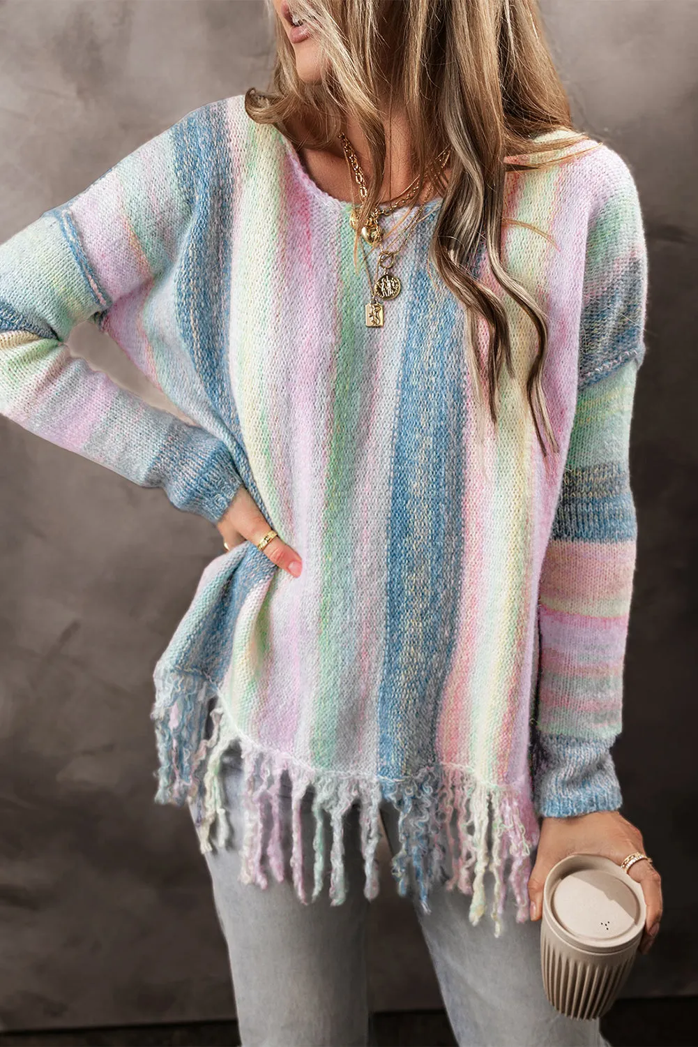 Purple Colour Block Fringed Drop Shoulder Tunic Sweater sold by Beagle Boutique product image thumbnail 3