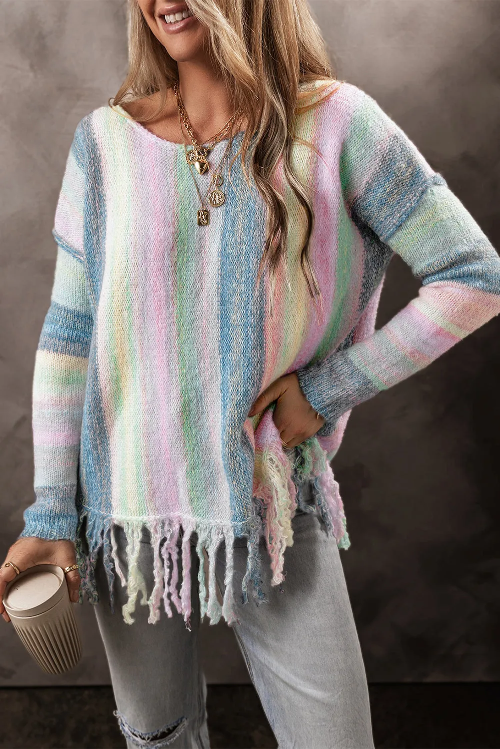 Purple Colour Block Fringed Drop Shoulder Tunic Sweater sold by Beagle Boutique