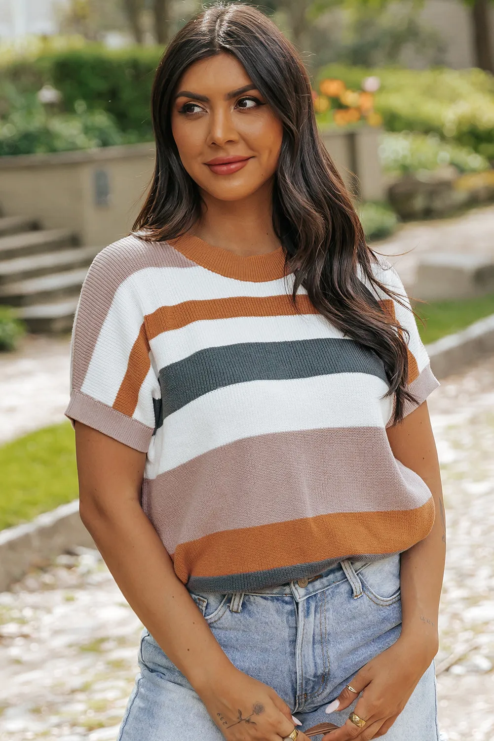 Camel Striped Knit Crew Neck T Shirt Sweater sold by Beagle Boutique product image thumbnail 3