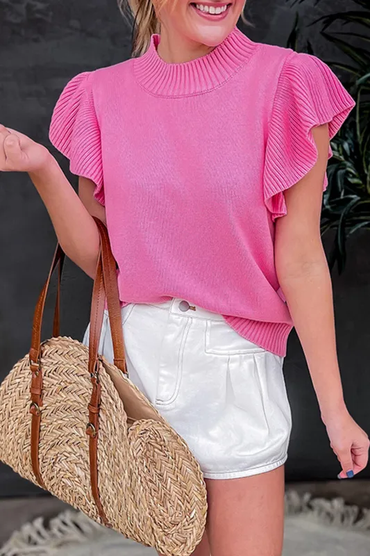 Bonbon Ribbed Mock Neck Ruffled Short Sleeve Sweater sold by Beagle Boutique