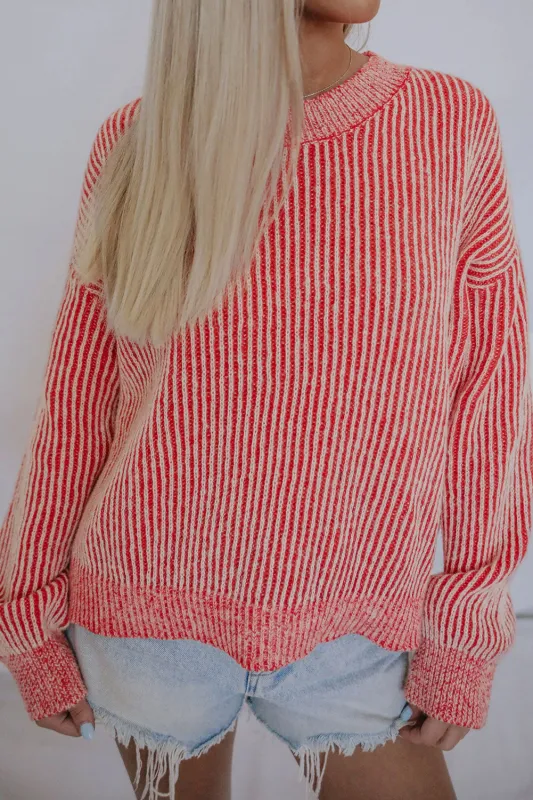 Striped Print Ribbed Trim Round Neck Sweater sold by Beagle Boutique