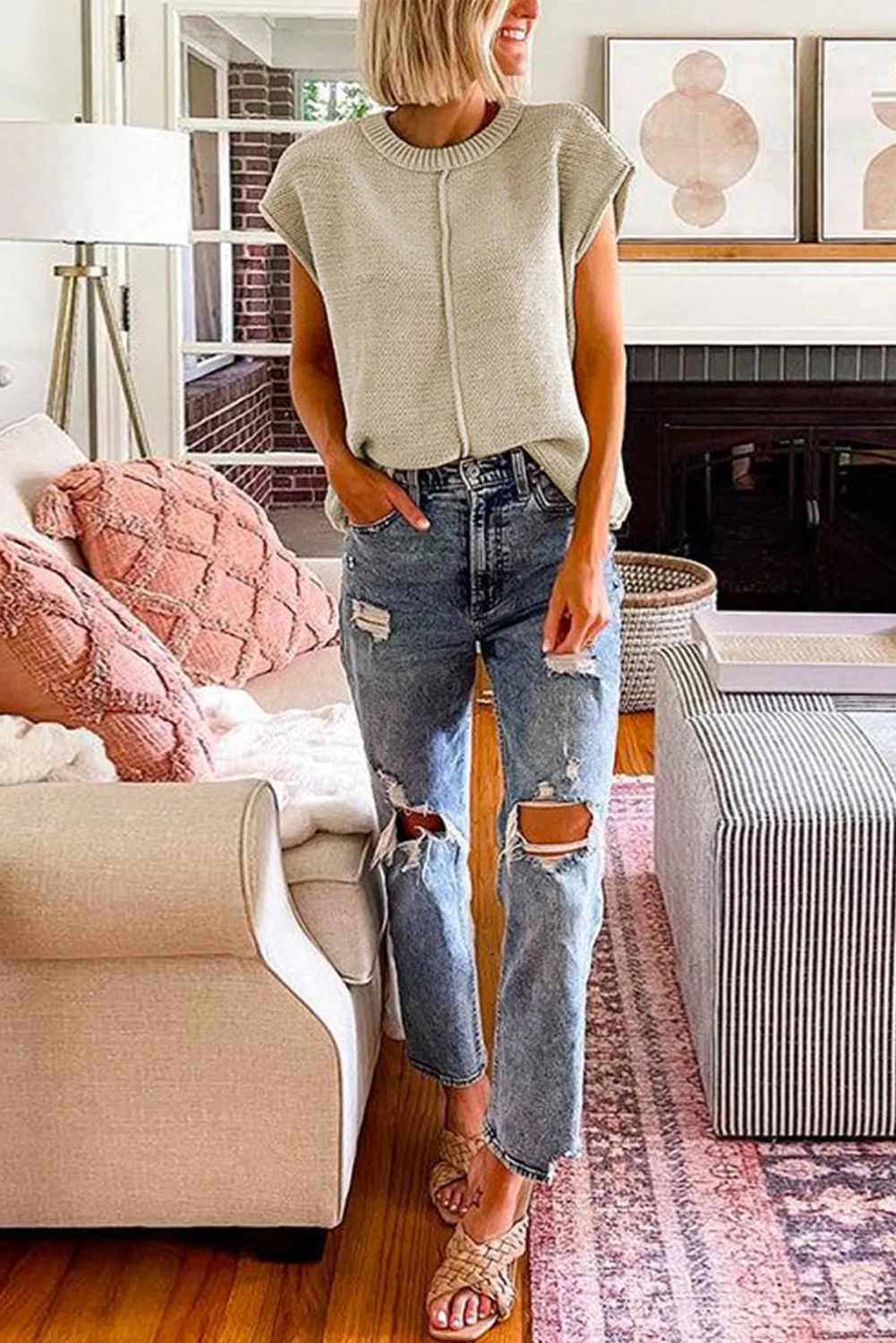 Oatmeal Solid Color Cap Sleeve Knitted Sweater sold by Beagle Boutique product image thumbnail 3