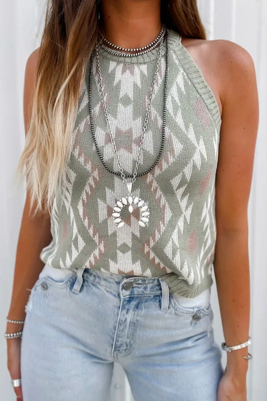 Laurel Green Western Tribal Aztec Pattern Knit Sweater Tank sold by Beagle Boutique