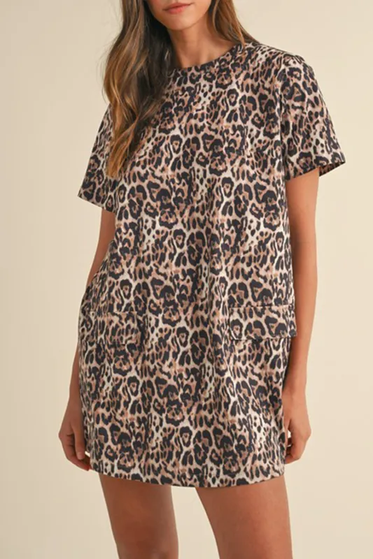 Brown Leopard Print Crew Neck Shift Short T Shirt Dress sold by Beagle Boutique