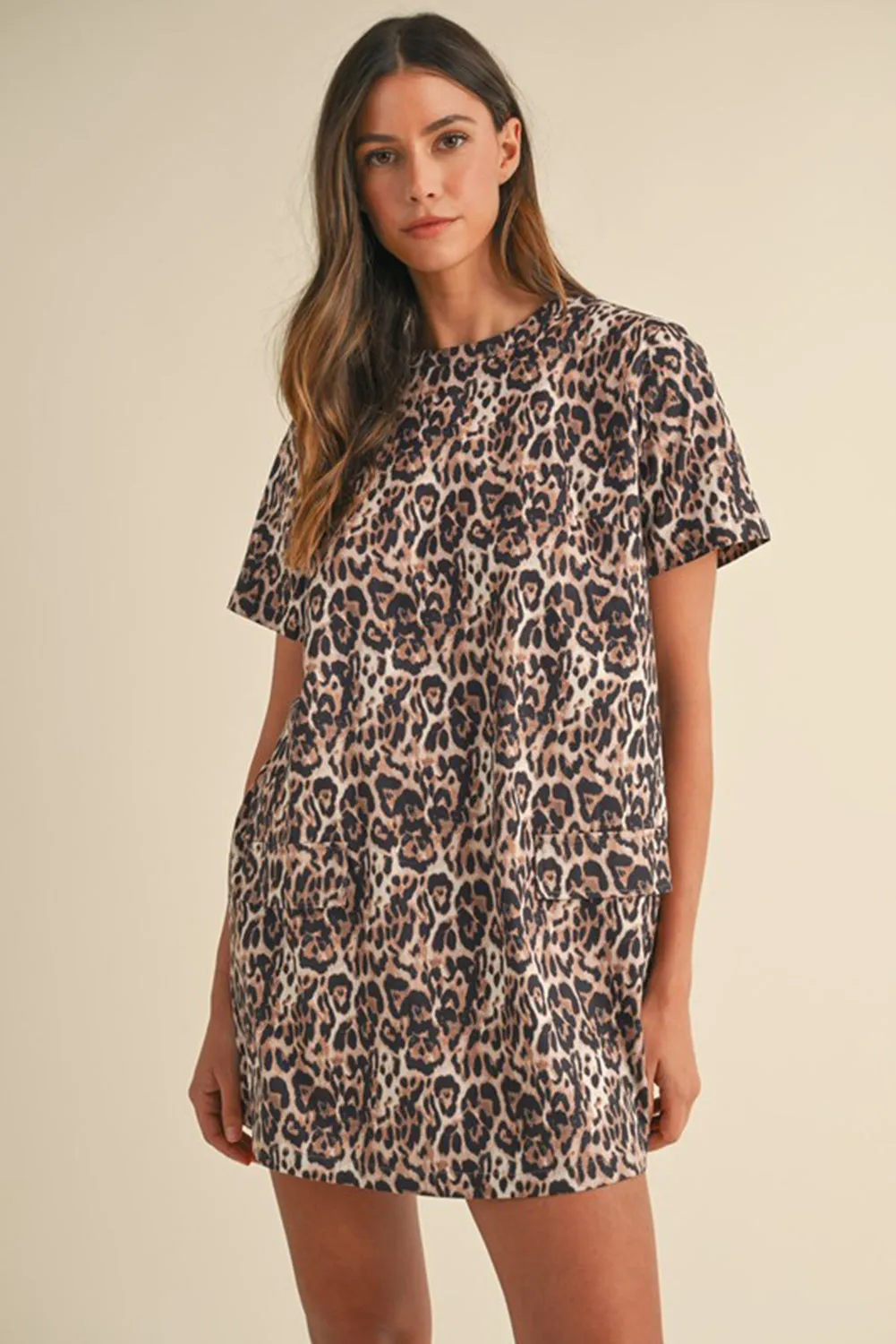 Brown Leopard Print Crew Neck Shift Short T Shirt Dress sold by Beagle Boutique product image thumbnail 2