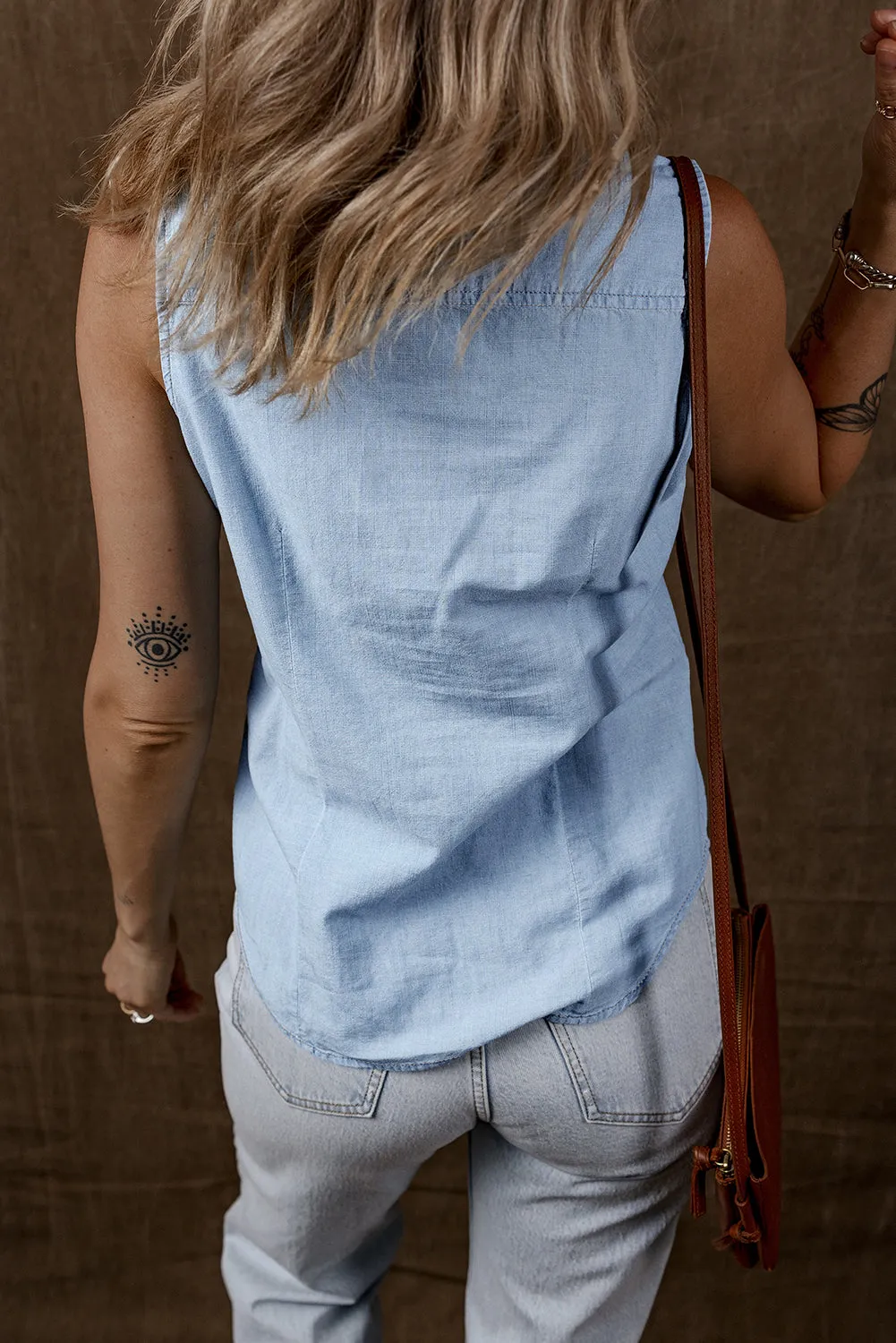 Light Blue Denim Collared Sleeveless Shirt sold by Beagle Boutique product image thumbnail 2
