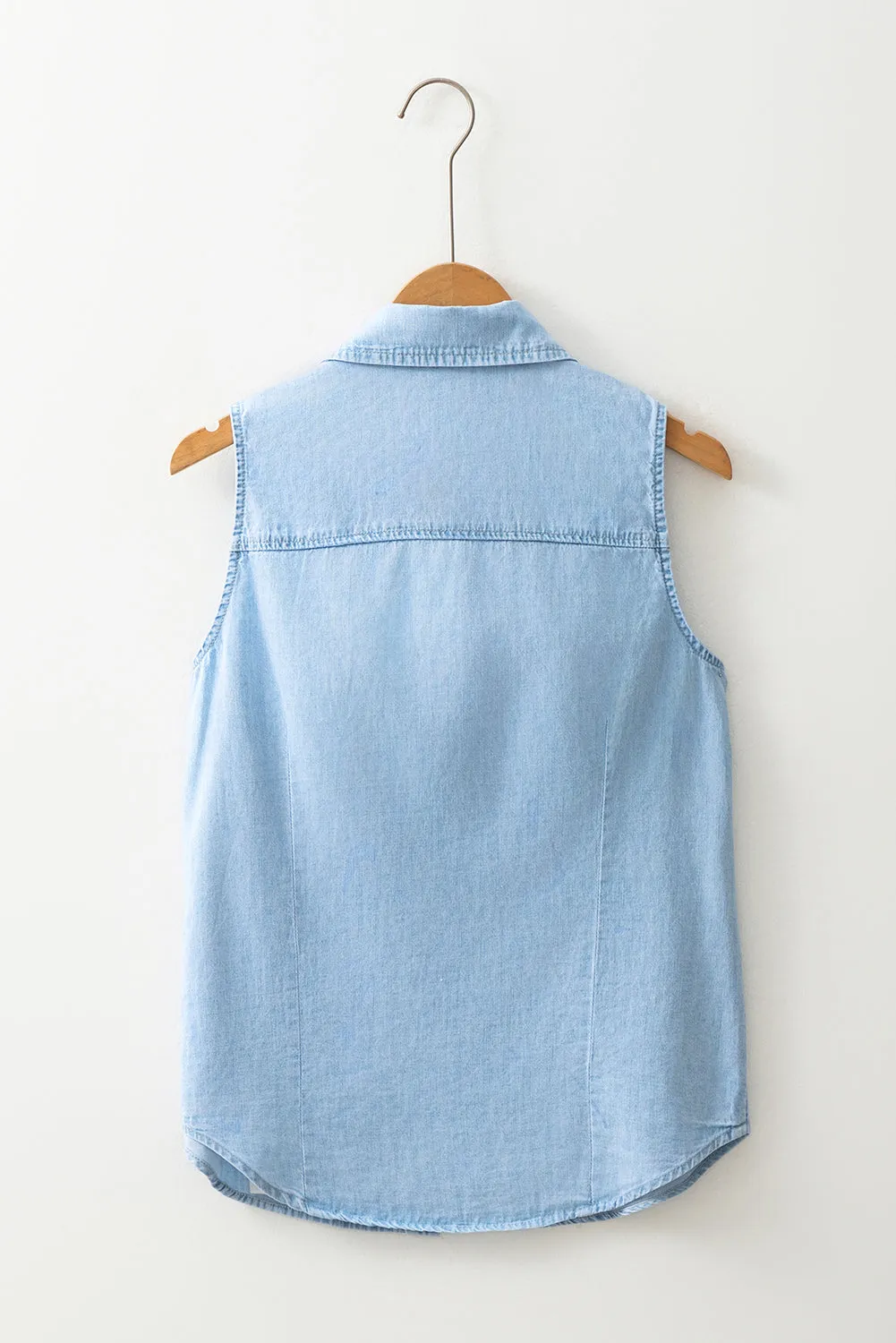 Light Blue Denim Collared Sleeveless Shirt sold by Beagle Boutique product image thumbnail 5