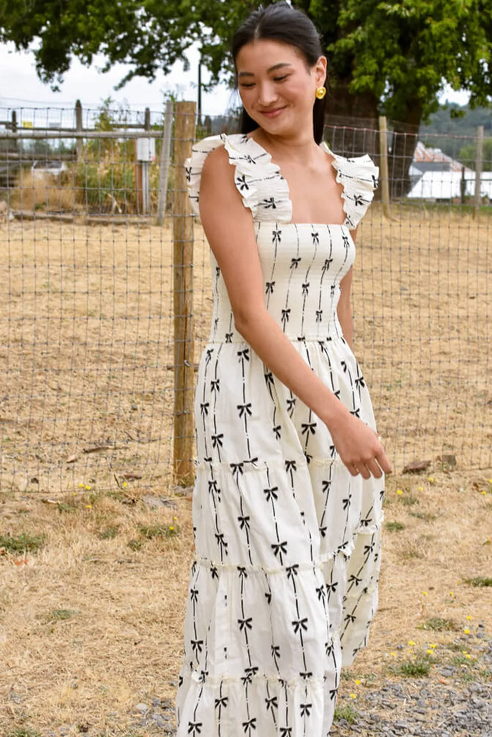 Black Bow Print Smocked Square Neck Ruffle Tiered Maxi Dress sold by Beagle Boutique product image thumbnail 3
