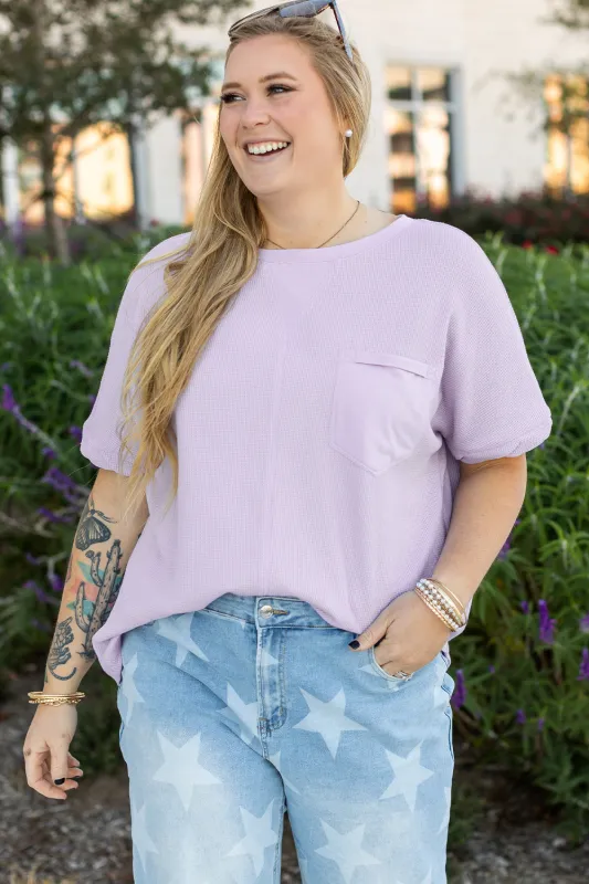 Orchid Petal Waffle Knit Short Sleeve Patched Pocket Plus Size Top sold by Beagle Boutique
