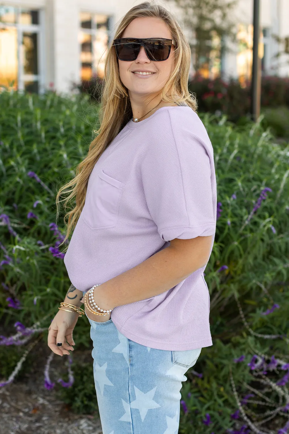 Orchid Petal Waffle Knit Short Sleeve Patched Pocket Plus Size Top sold by Beagle Boutique product image thumbnail 3