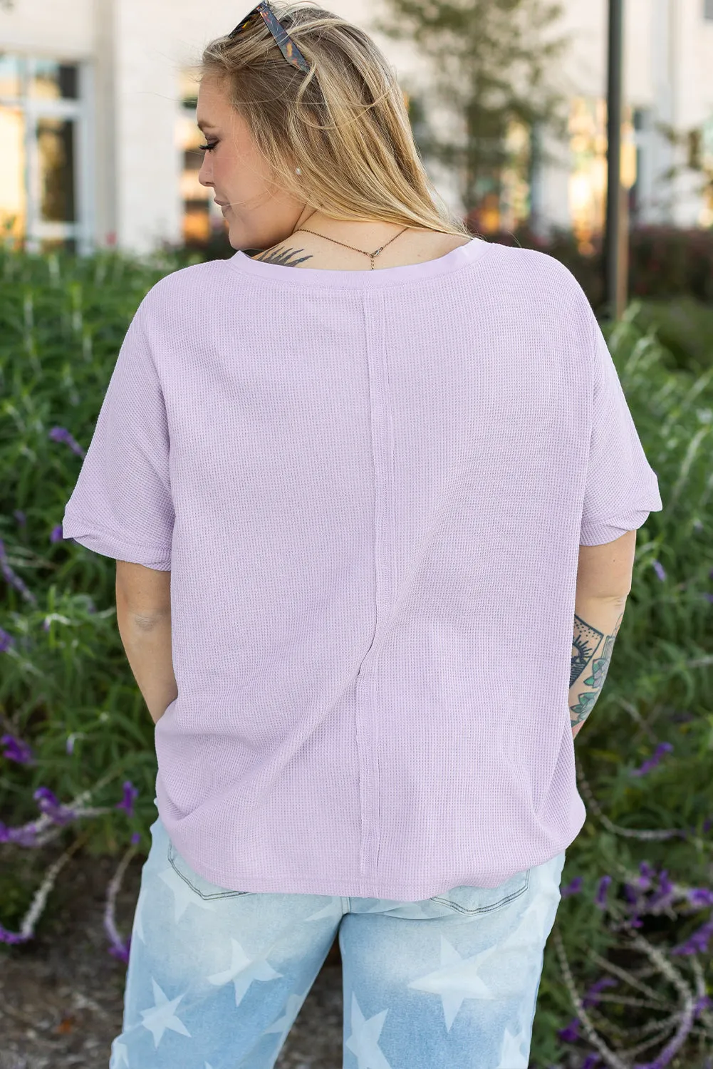Orchid Petal Waffle Knit Short Sleeve Patched Pocket Plus Size Top sold by Beagle Boutique product image thumbnail 2