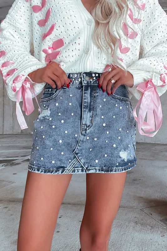 Dusk Blue Rhinestone Distressed Denim High Waist Mini Skirt sold by Beagle Boutique