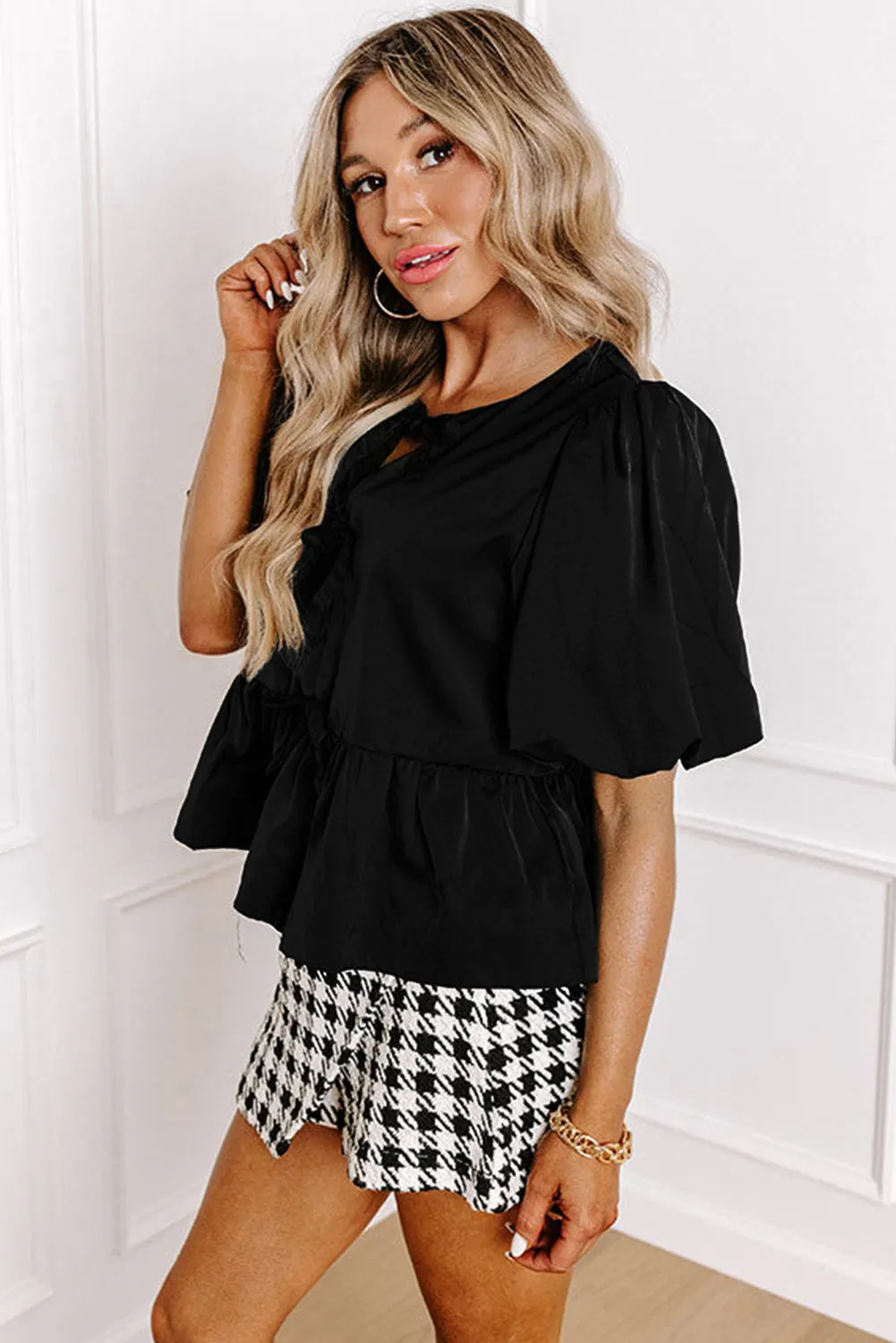 Black Puff Sleeve Bowknot Front Peplum Blouse sold by Beagle Boutique product image thumbnail 3