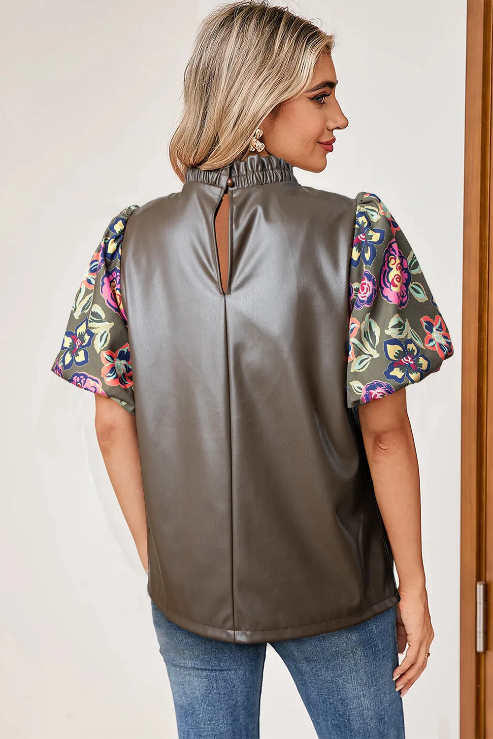 Four Leaf Clover Floral Bubble Sleeve Patchwork Leatherette Frilled Round Neck Blouse sold by Beagle Boutique product image thumbnail 2