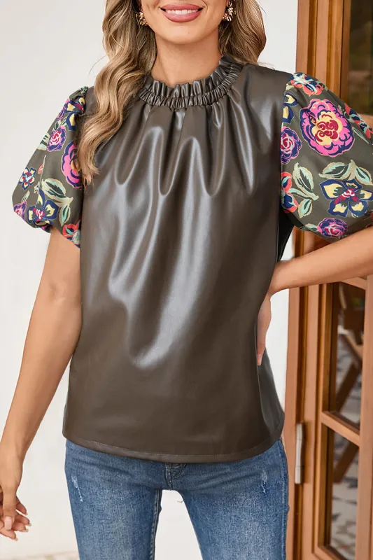 Four Leaf Clover Floral Bubble Sleeve Patchwork Leatherette Frilled Round Neck Blouse sold by Beagle Boutique