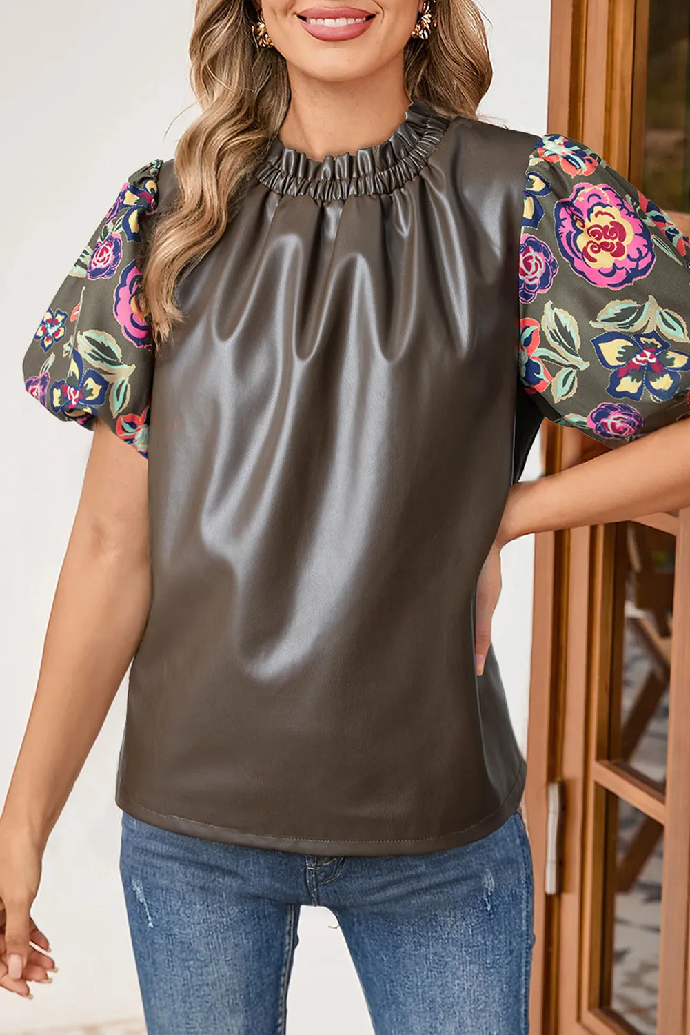 Four Leaf Clover Floral Bubble Sleeve Patchwork Leatherette Frilled Round Neck Blouse sold by Beagle Boutique