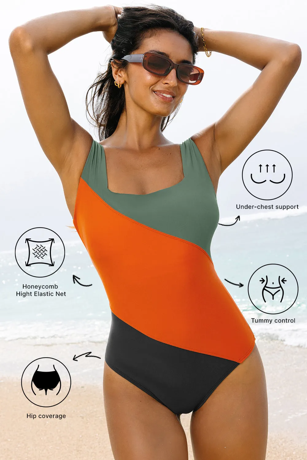 Duffel Green Colour Block Padded Square Neck One Piece Swimsuit sold by Beagle Boutique product image thumbnail 2