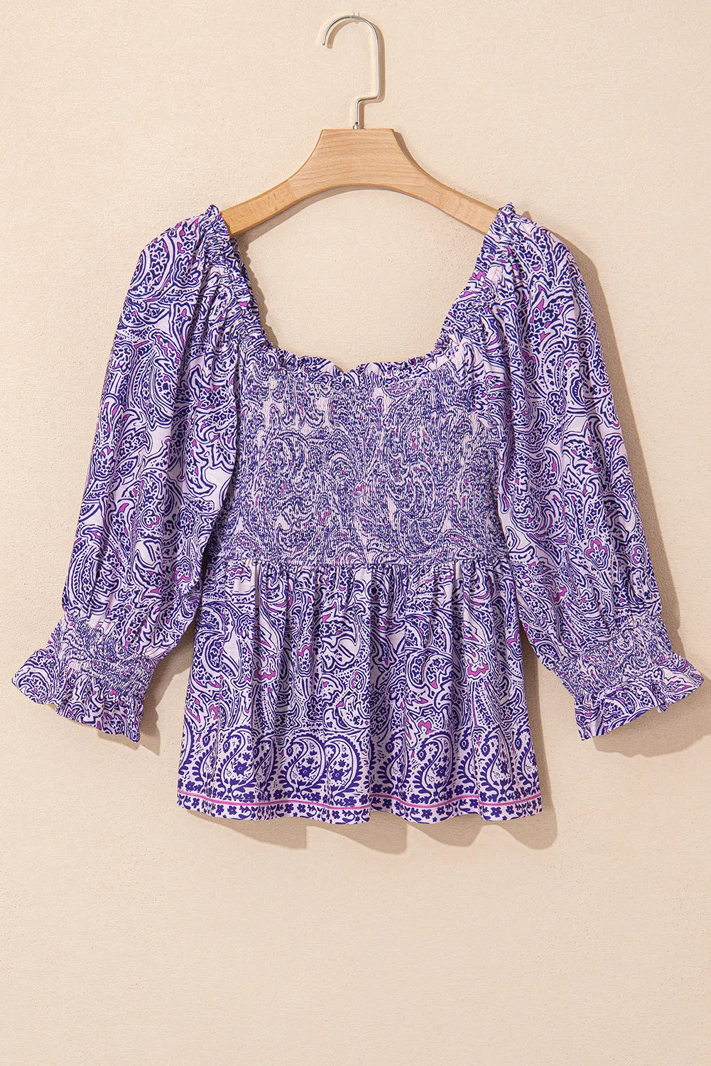Purple Boho Paisley Print Half Sleeve Shirred Peplum Blouse sold by Beagle Boutique product image thumbnail 4
