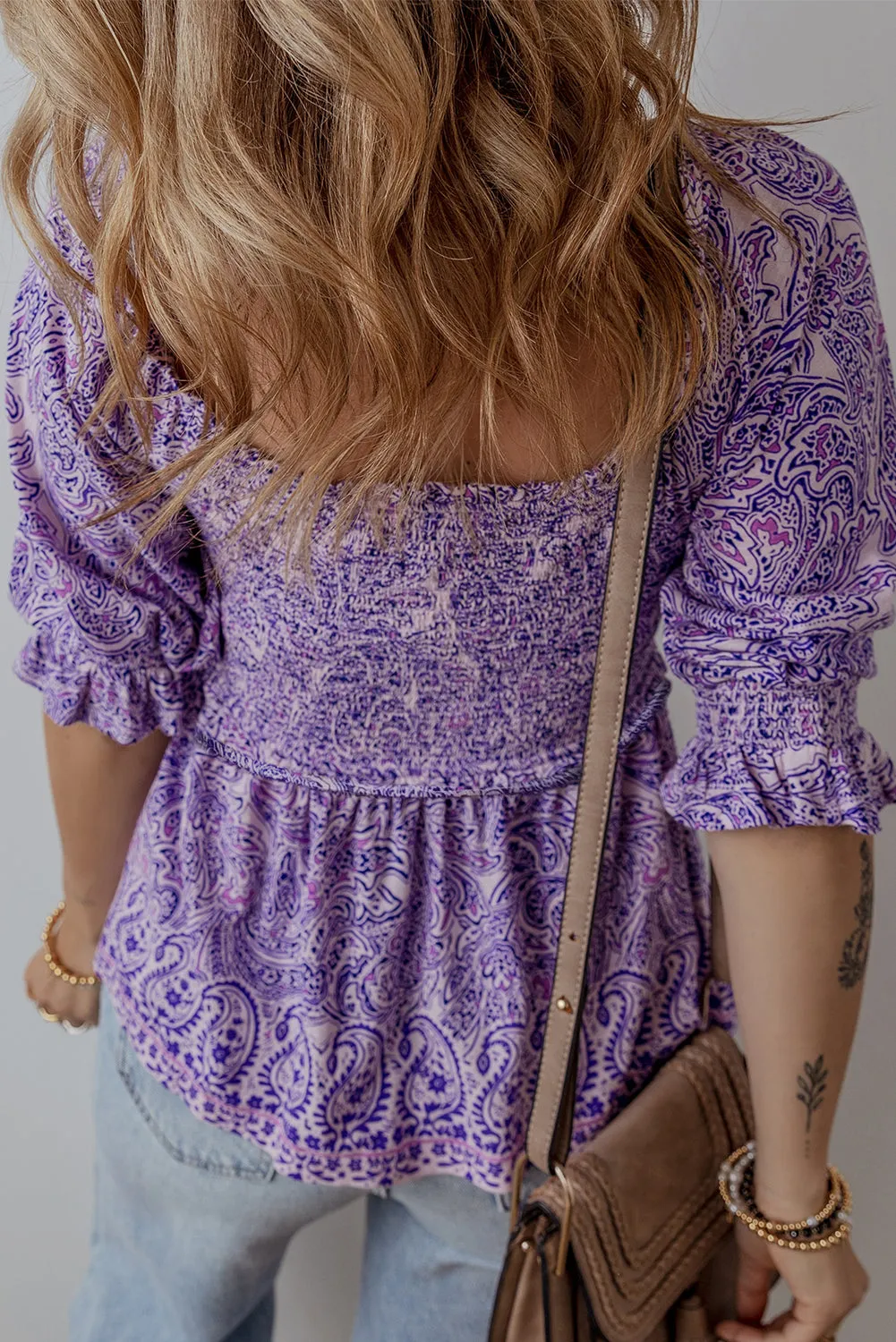 Purple Boho Paisley Print Half Sleeve Shirred Peplum Blouse sold by Beagle Boutique product image thumbnail 2