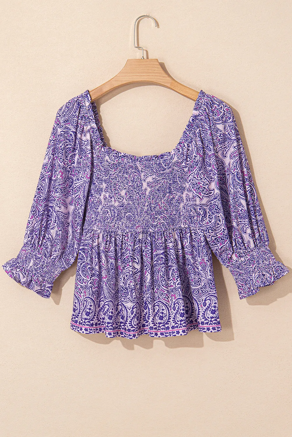 Purple Boho Paisley Print Half Sleeve Shirred Peplum Blouse sold by Beagle Boutique product image thumbnail 5