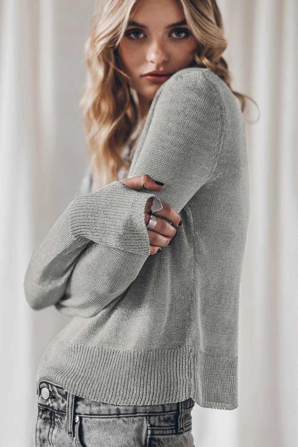 Grey Solid Colour Thumbhole Sleeve Ribbed Edge Sweater sold by Beagle Boutique product image thumbnail 3