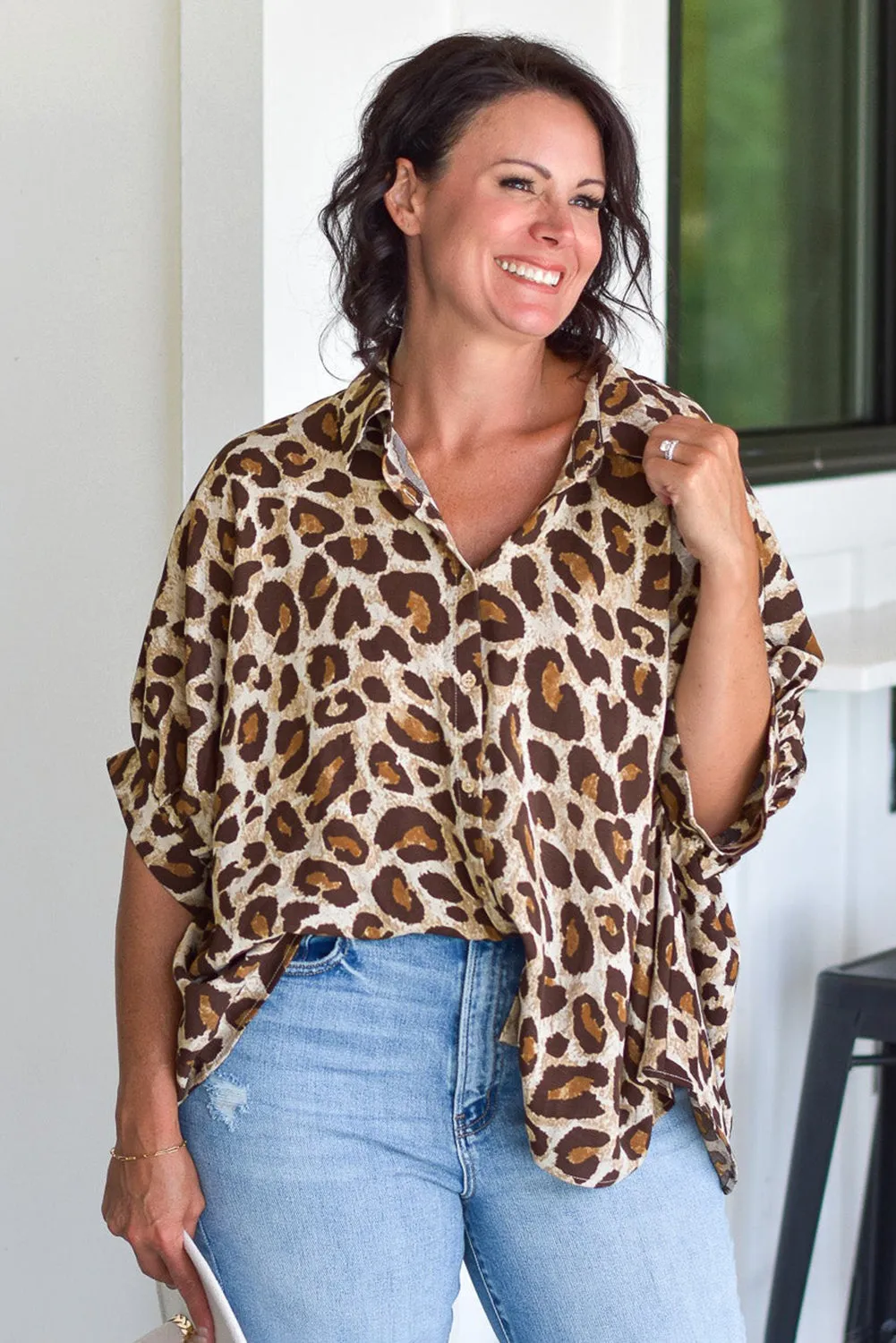 Khaki Plus Size Leopard Print Short Sleeve Buttoned Shirt sold by Beagle Boutique product image thumbnail 5