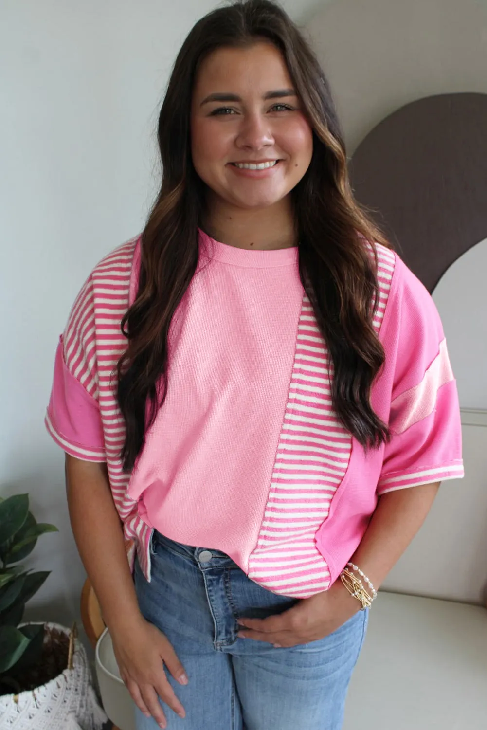 Pink Stripe Patchwork Colourblock Plus Size T Shirt sold by Beagle Boutique product image thumbnail 3
