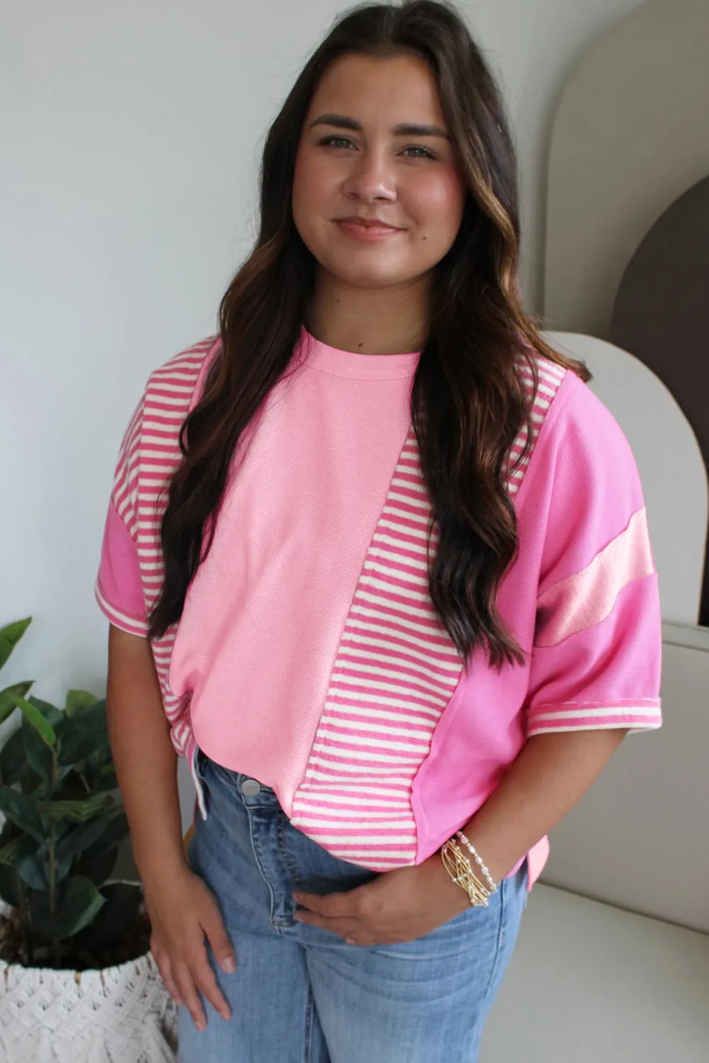 Pink Stripe Patchwork Colourblock Plus Size T Shirt sold by Beagle Boutique product image thumbnail 2