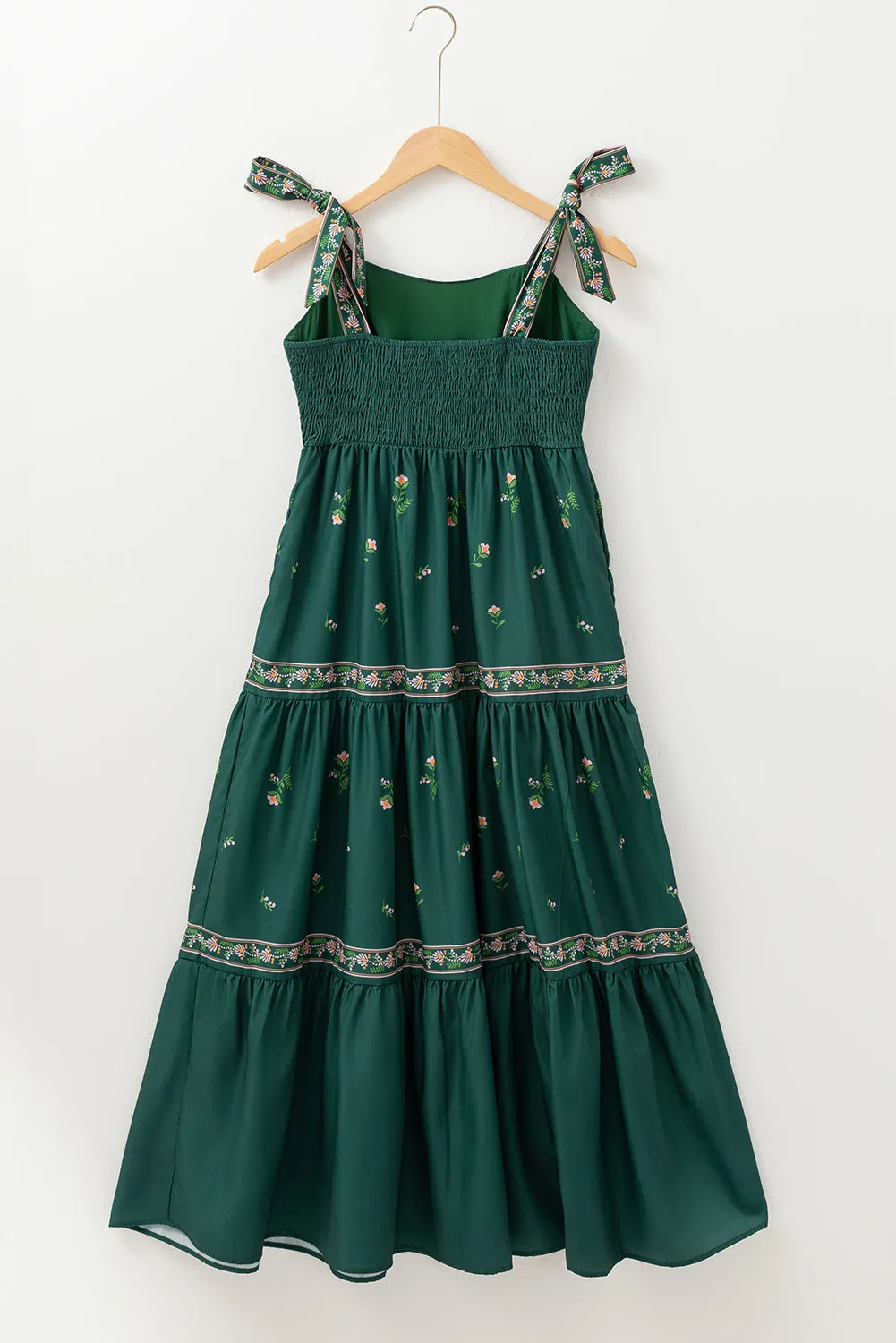 Blackish Green Floral Smocked Back Tied Straps Tiered Maxi Dress sold by Beagle Boutique product image thumbnail 5