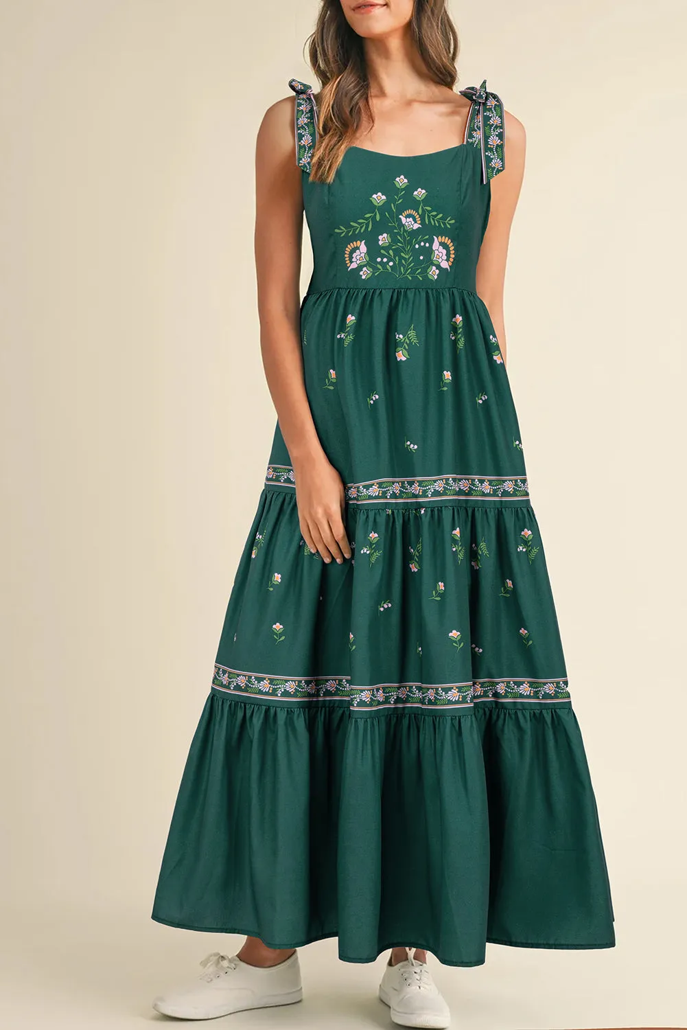 Blackish Green Floral Smocked Back Tied Straps Tiered Maxi Dress sold by Beagle Boutique