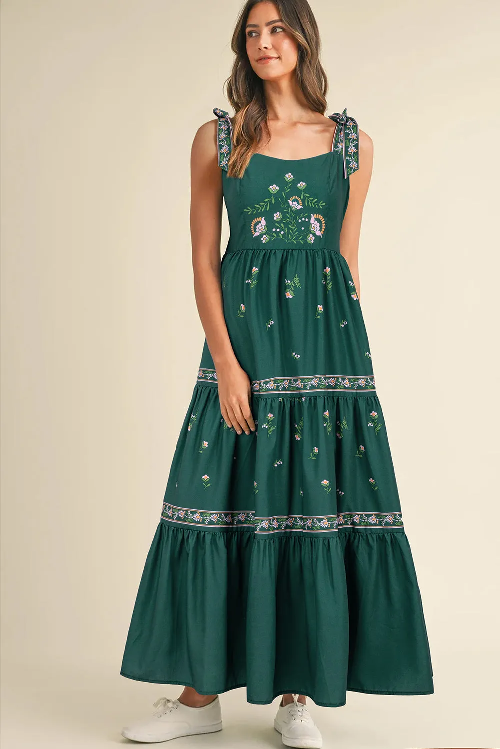 Blackish Green Floral Smocked Back Tied Straps Tiered Maxi Dress sold by Beagle Boutique product image thumbnail 3