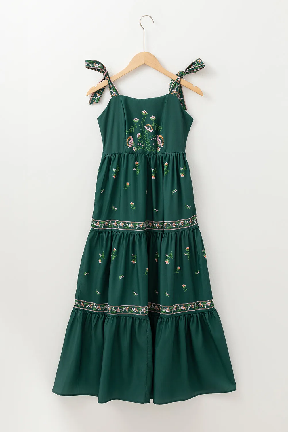 Blackish Green Floral Smocked Back Tied Straps Tiered Maxi Dress sold by Beagle Boutique product image thumbnail 4