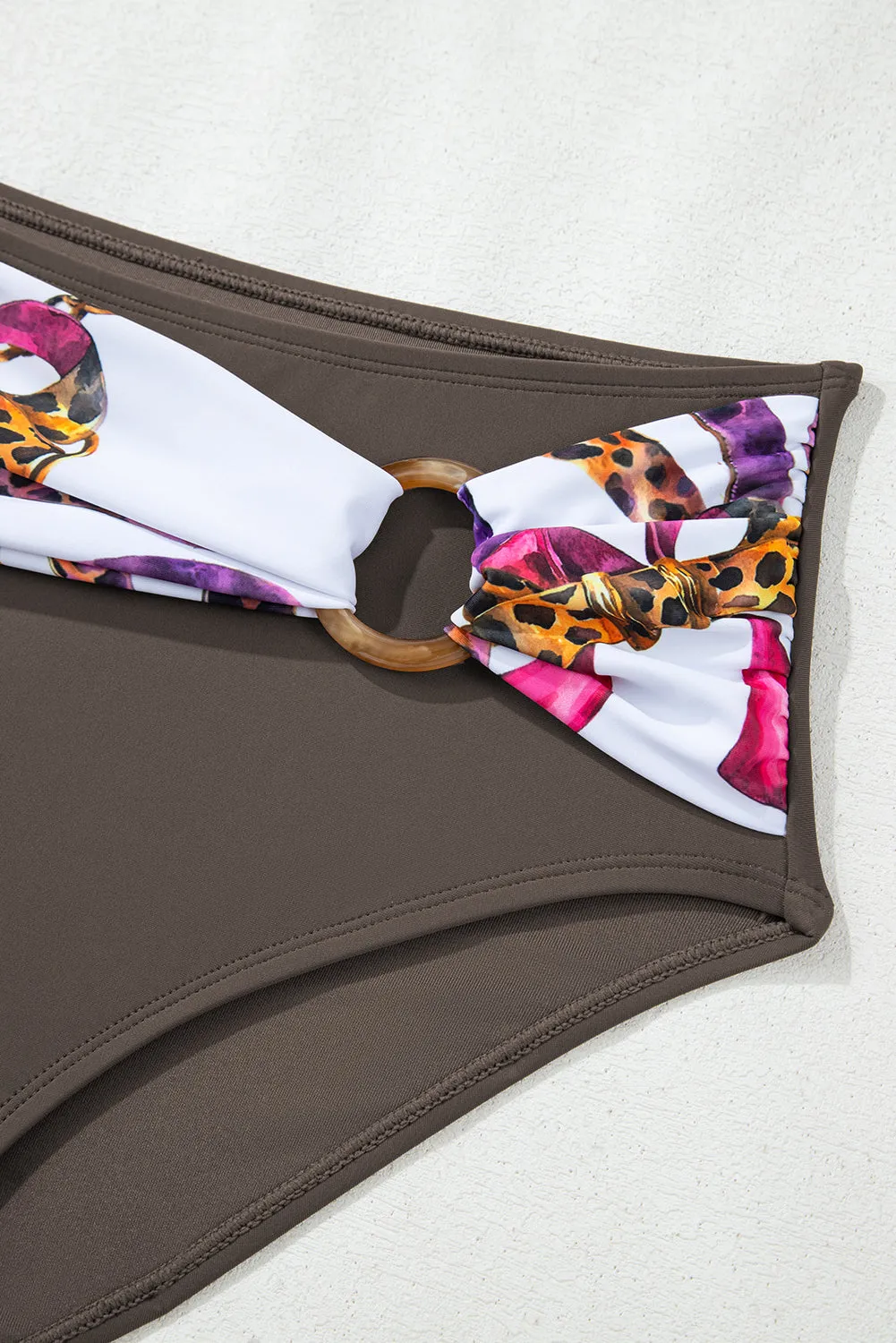 Khaki Abstract Print One Shoulder Ring Linked High Waist Bikini sold by Beagle Boutique product image thumbnail 3