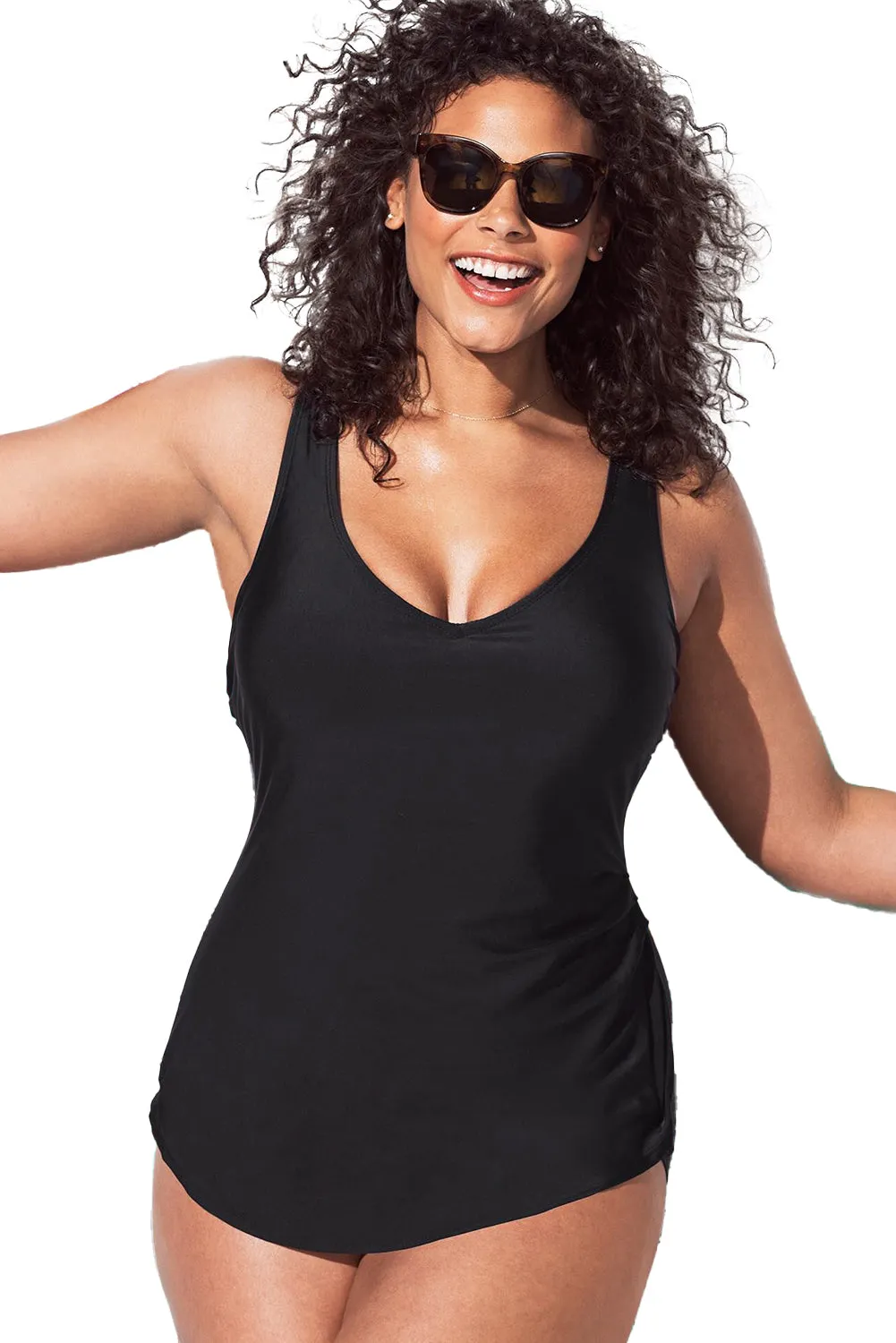Black Solid Colour U Neck Padded Plus Size One Piece Swimsuit sold by Beagle Boutique product image thumbnail 3