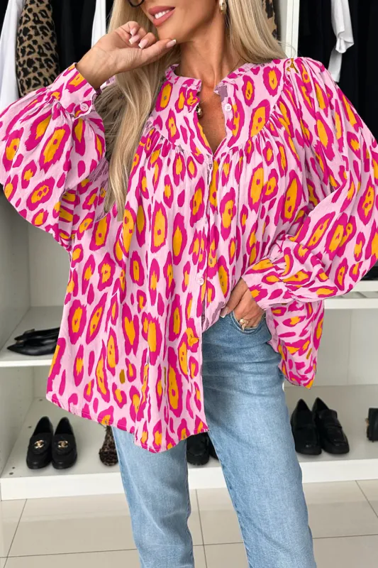 Rose Red Oversized Leopard Print Balloon Sleeve Casual Shirt sold by Beagle Boutique