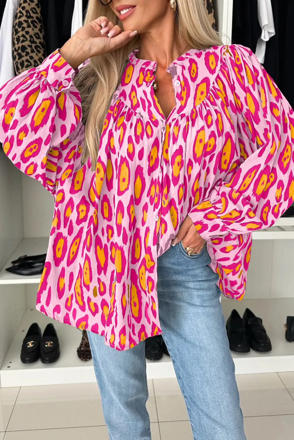 Rose Red Oversized Leopard Print Balloon Sleeve Casual Shirt sold by Beagle Boutique