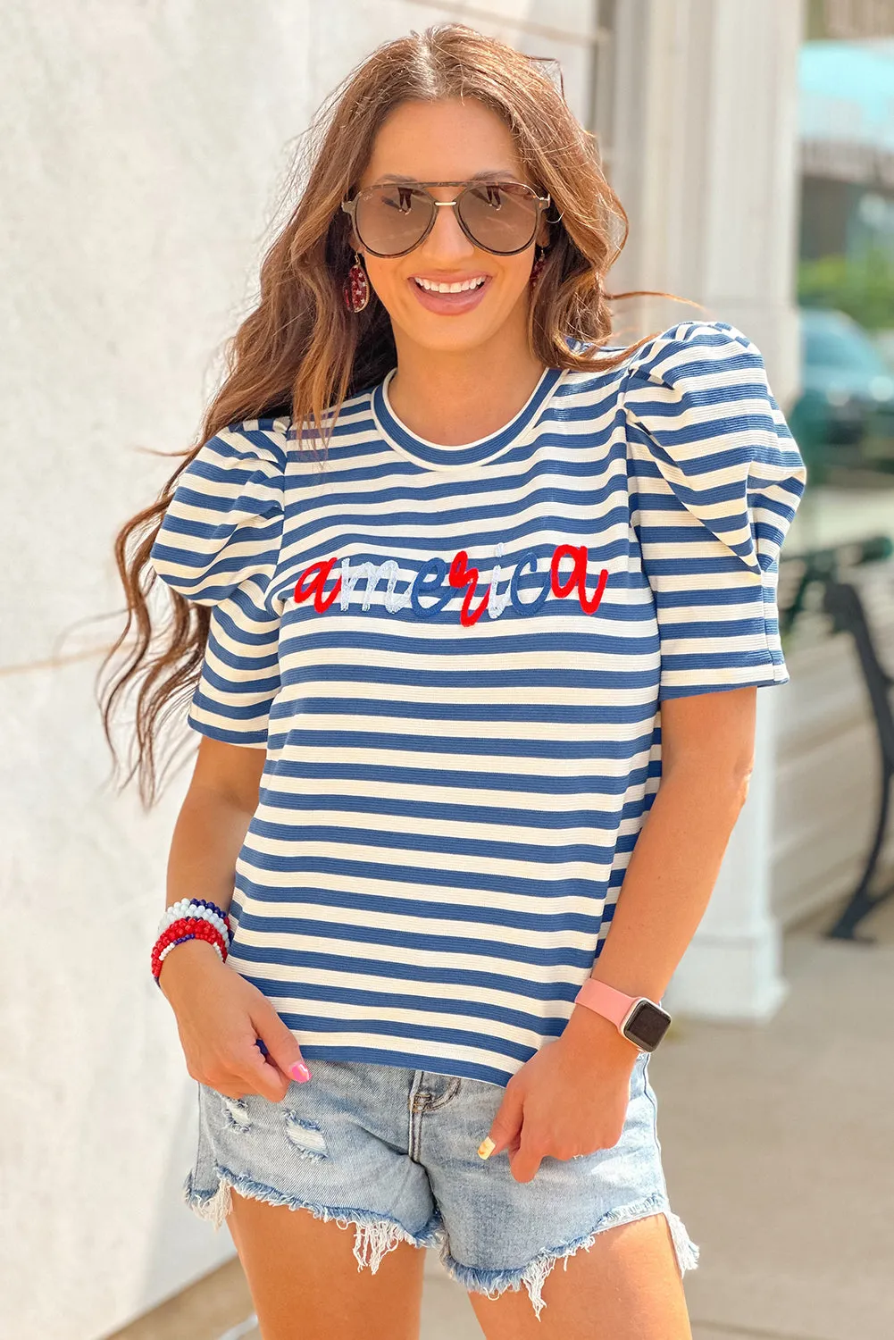 Blue Stripe America Cursive Graphic Puff Sleeve T-shirt sold by Beagle Boutique product image thumbnail 4