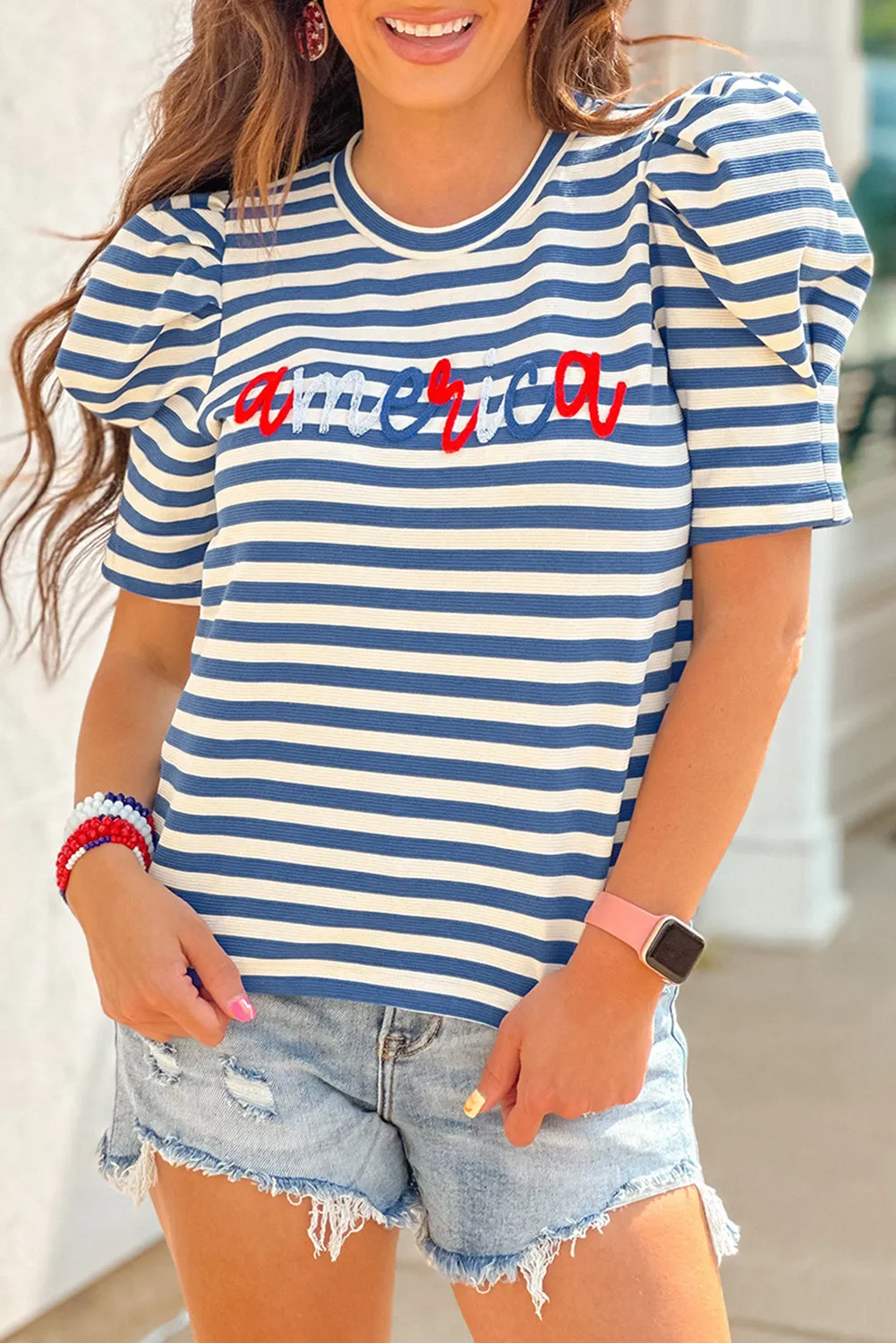 Blue Stripe America Cursive Graphic Puff Sleeve T-shirt sold by Beagle Boutique