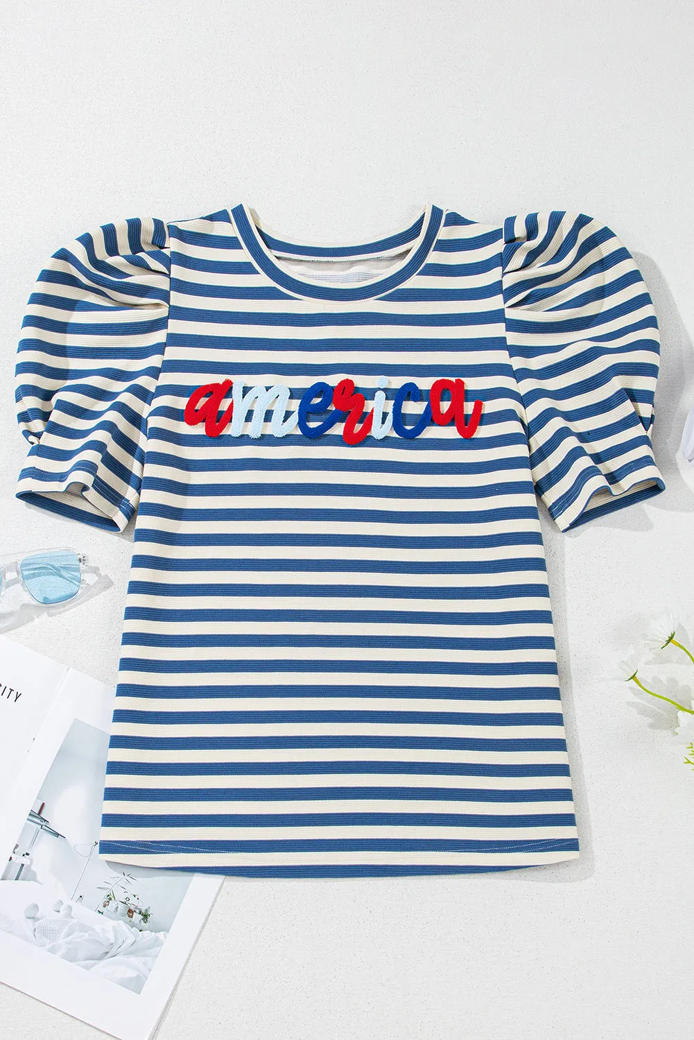 Blue Stripe America Cursive Graphic Puff Sleeve T-shirt sold by Beagle Boutique product image thumbnail 5