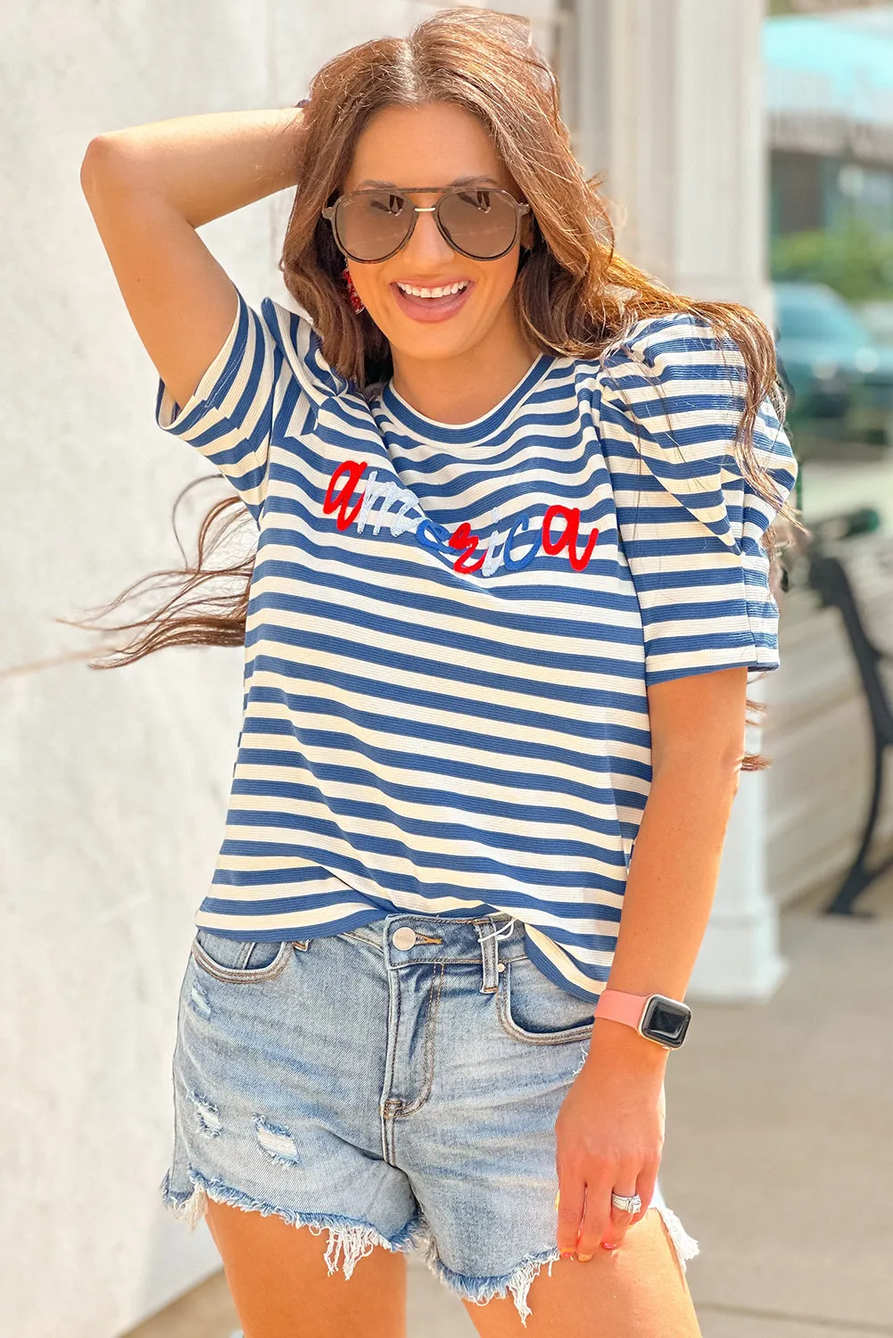 Blue Stripe America Cursive Graphic Puff Sleeve T-shirt sold by Beagle Boutique product image thumbnail 2
