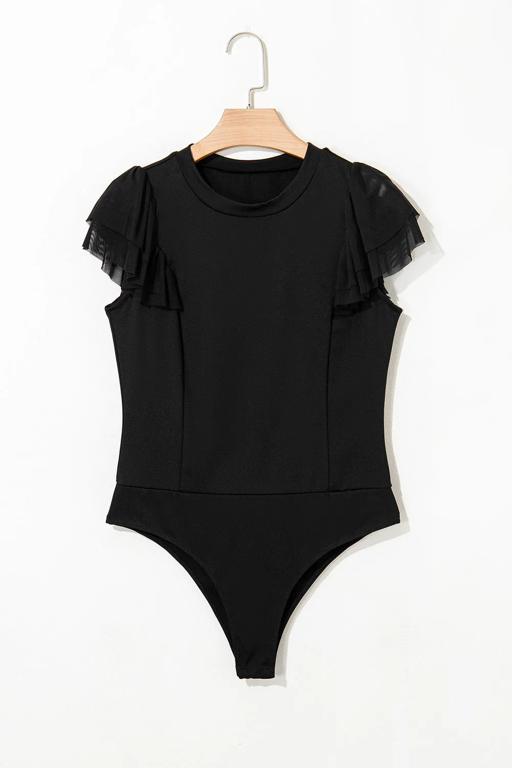 Black Solid Ruffled Mesh Patchwork Sleeve Bodysuit sold by Beagle Boutique product image thumbnail 5
