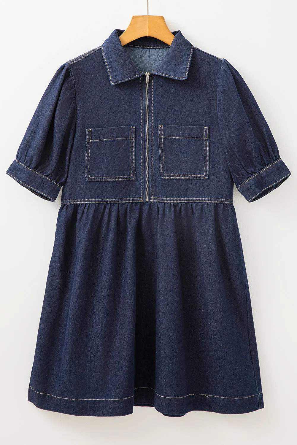 Dirty blue Zipped up Bodice Collared Short Puff Sleeve Denim Dress sold by Beagle Boutique product image thumbnail 4