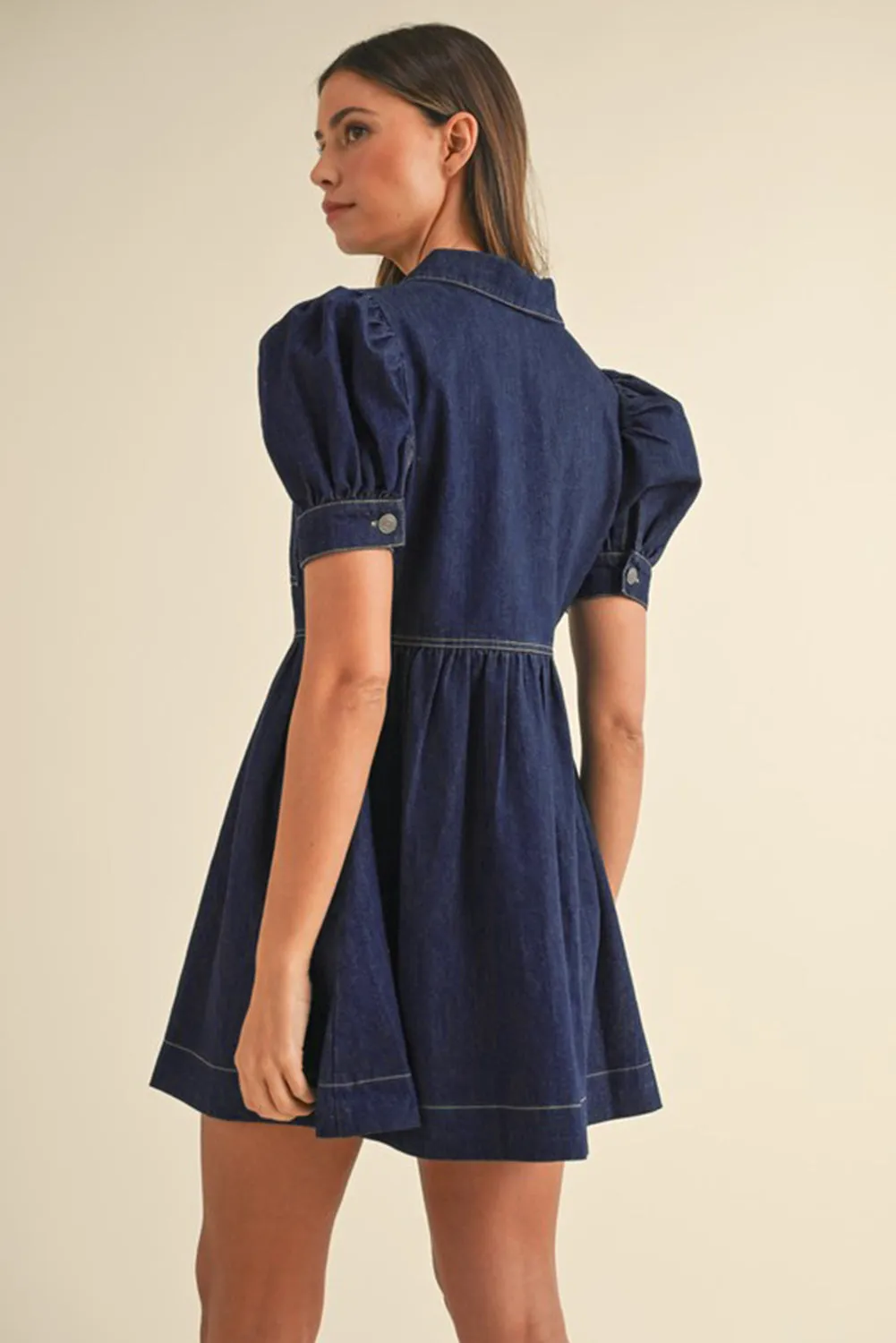 Dirty blue Zipped up Bodice Collared Short Puff Sleeve Denim Dress sold by Beagle Boutique product image thumbnail 2