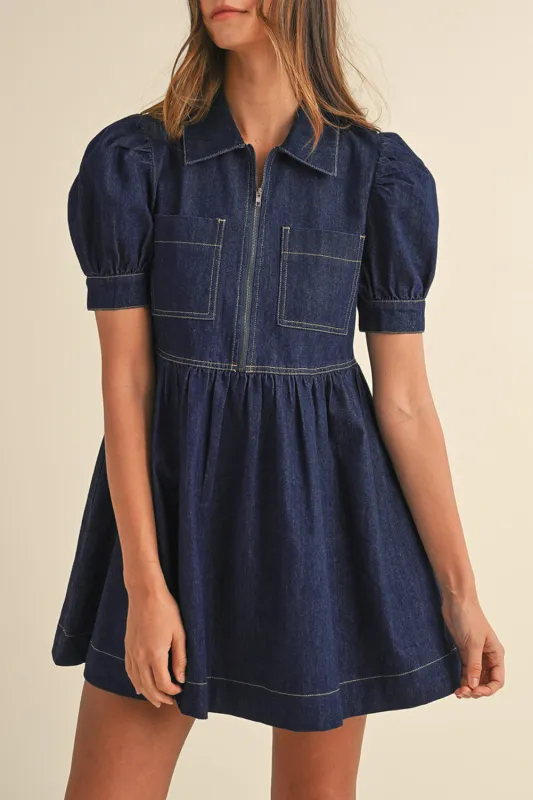 Dirty blue Zipped up Bodice Collared Short Puff Sleeve Denim Dress sold by Beagle Boutique