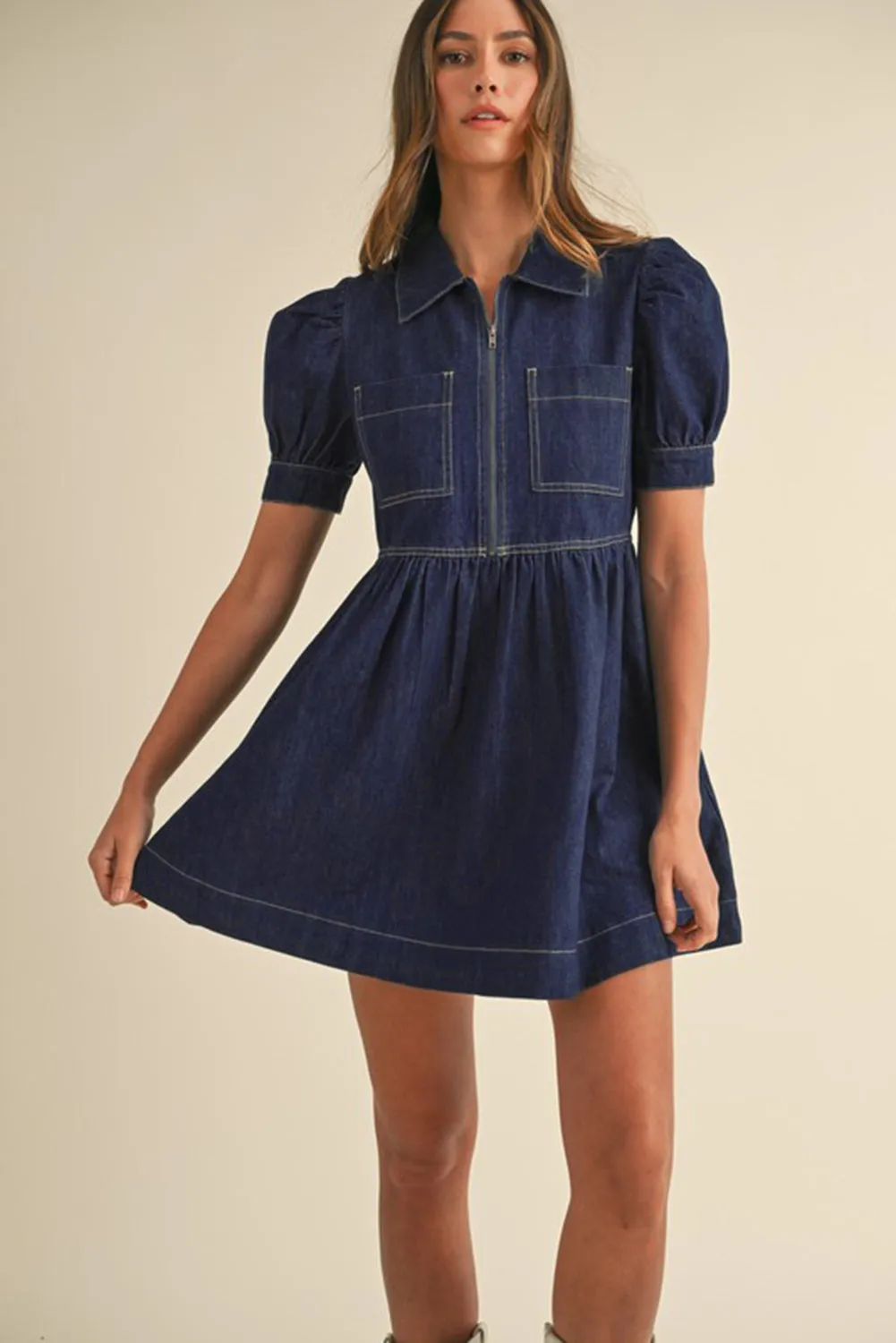 Dirty blue Zipped up Bodice Collared Short Puff Sleeve Denim Dress sold by Beagle Boutique product image thumbnail 3