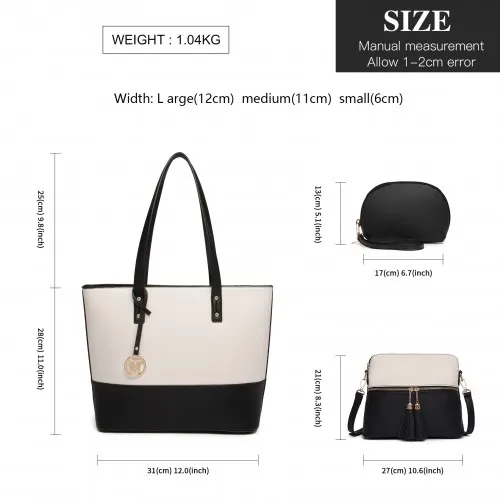LG2023 - Miss Lulu 3 Piece Leather Look Tote Bag Set - Black And Beige sold by Beagle Boutique product image thumbnail 4